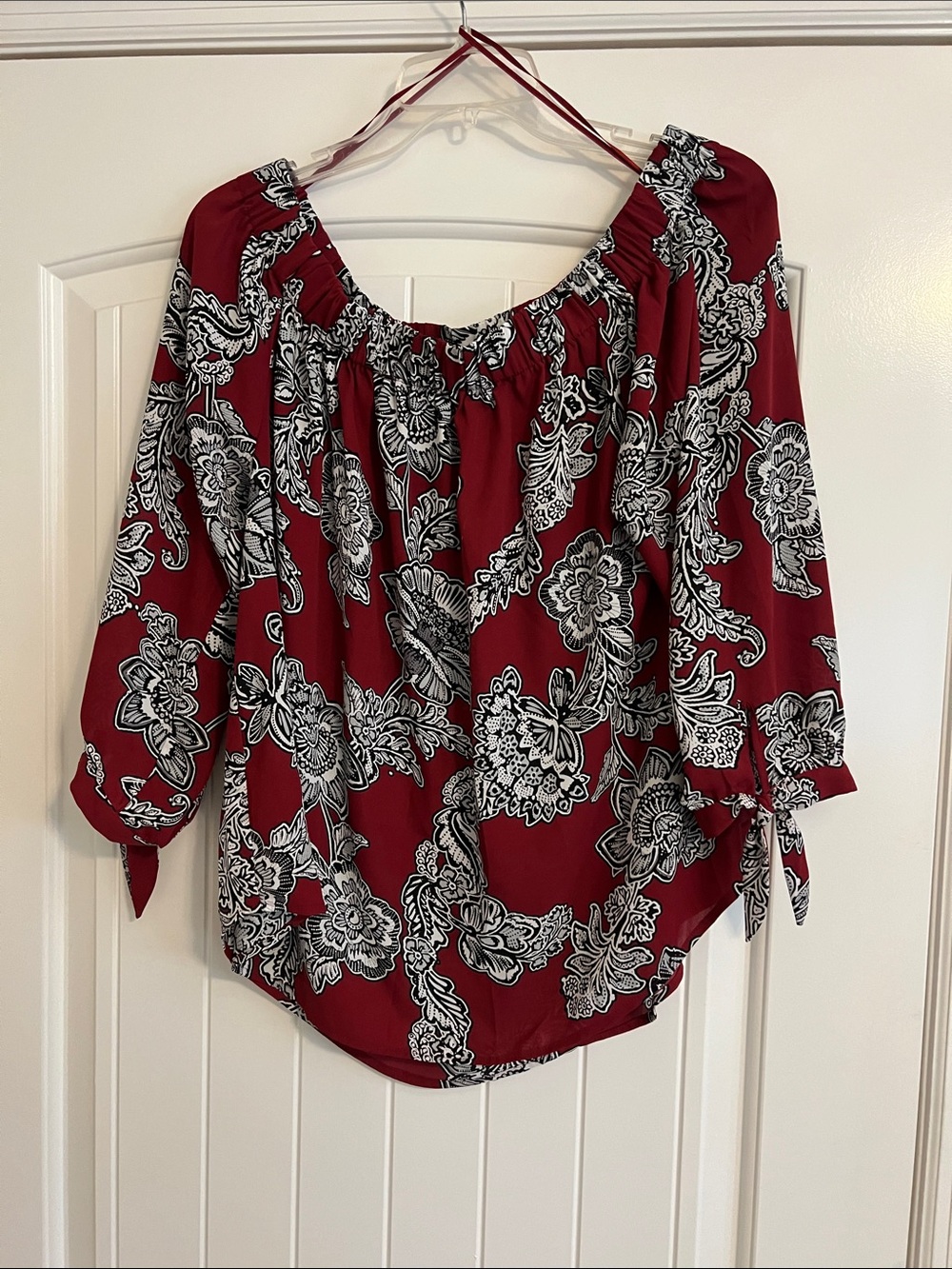 Express Burgundy Off-Shoulder Floral Blouse
